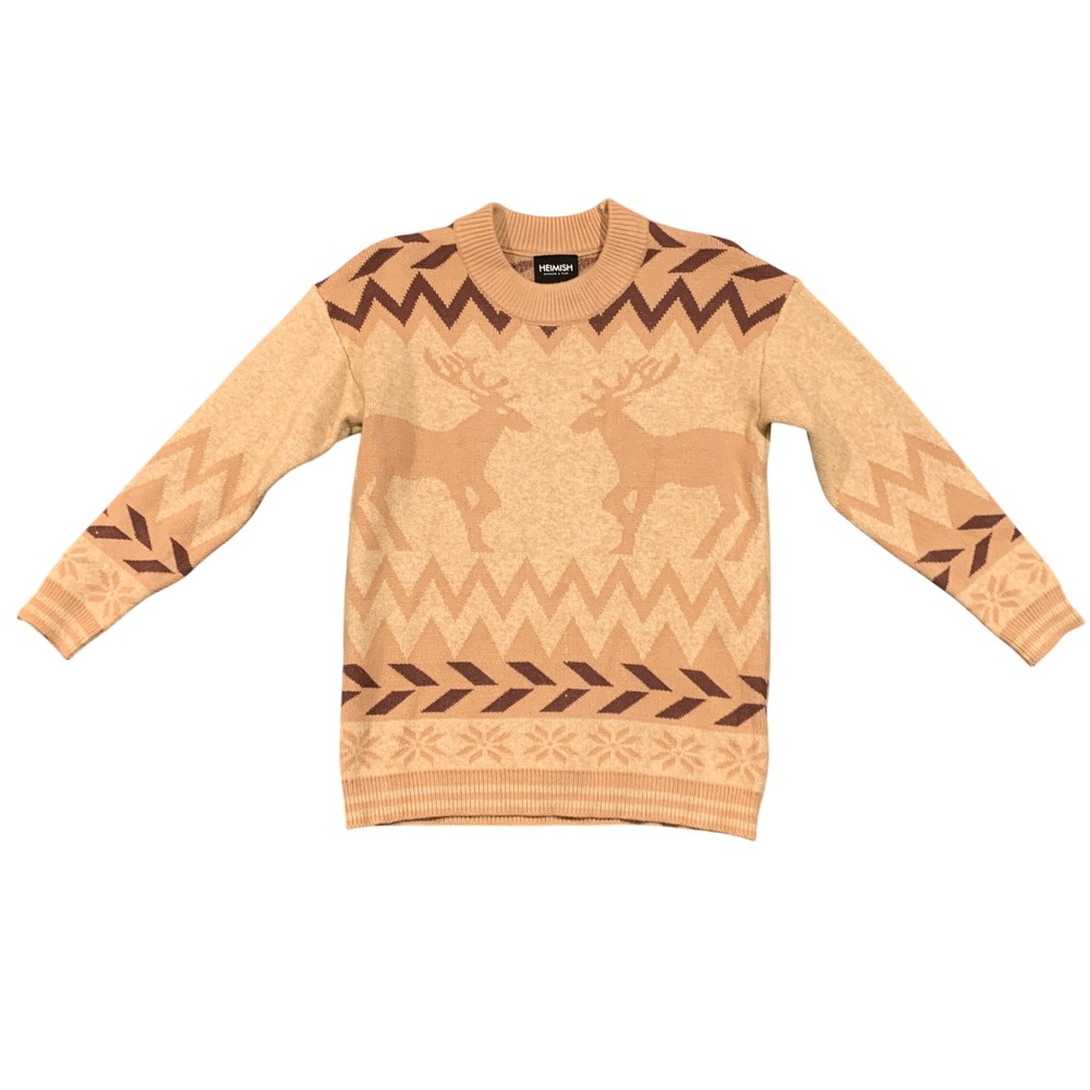 Heimish Womens Reindeer Fair Isle Sweater Tan Brown Crew Neck Medium Lodge Ski